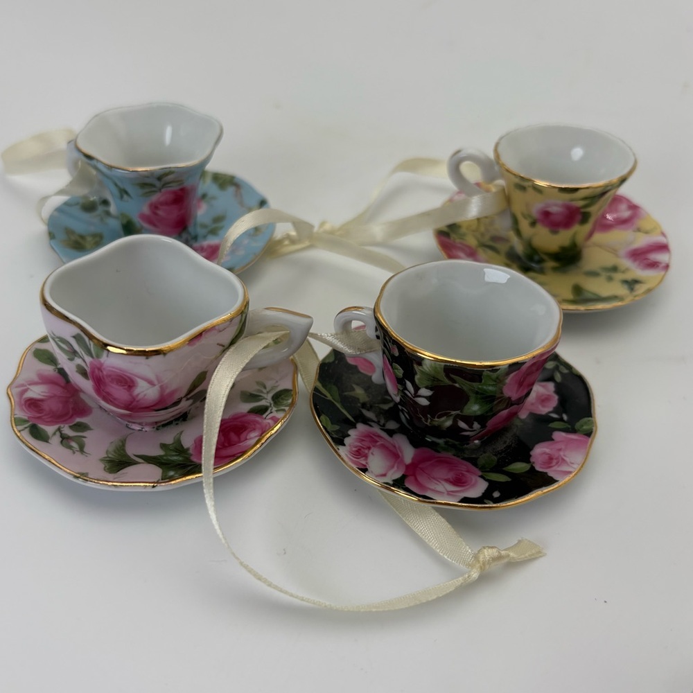Set of 4 Floral Mini Teacup Ornaments - Pink Roses on Colorful Backgrounds - Picture 3 of 12